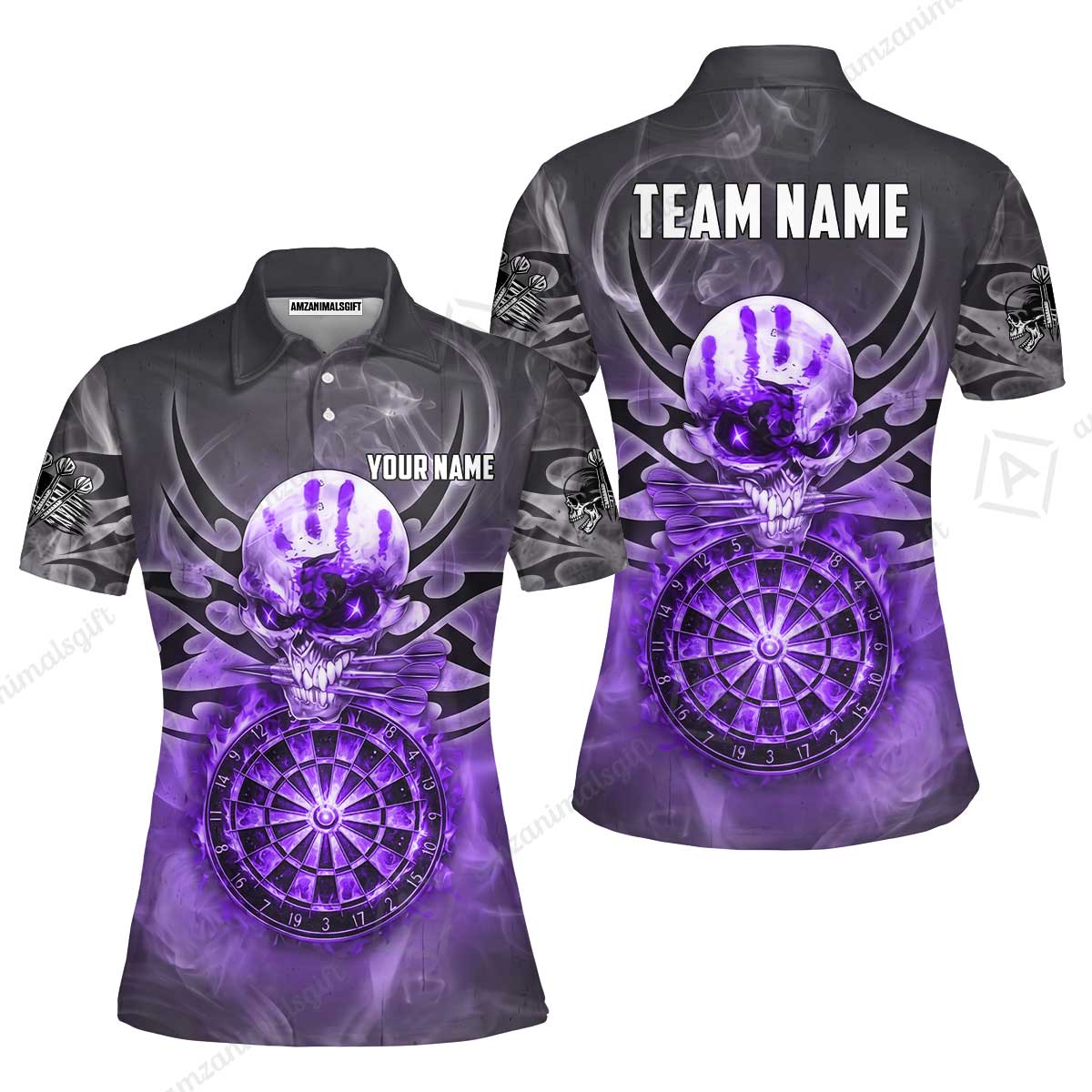 Custom Darts Jersey Polo Shirt, Glowing Fire Skull Tribal, Custom Dart Jersey Team Shirt For Players With Name & Team Name