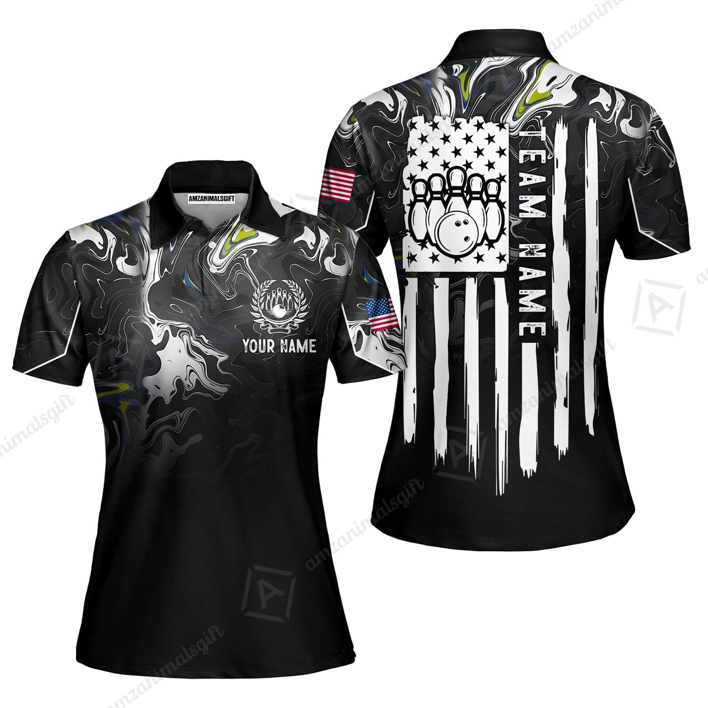 Custom Bowling Jersey Polo Shirt, Monochrome Fluid Marble Patriotic Flag, Custom Bowling Jersey Team Shirt For Players With Name and Team Name