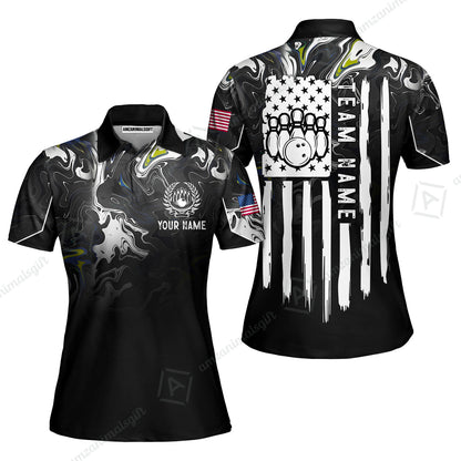 Custom Bowling Jersey Polo Shirt, Monochrome Fluid Marble Patriotic Flag, Custom Bowling Jersey Team Shirt For Players With Name and Team Name