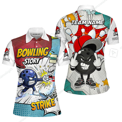 Customized Bowling Team Shirt, Comic Bowling Story Strike Cartoon, Bowling Uniforms, Personalized Name And Team Name