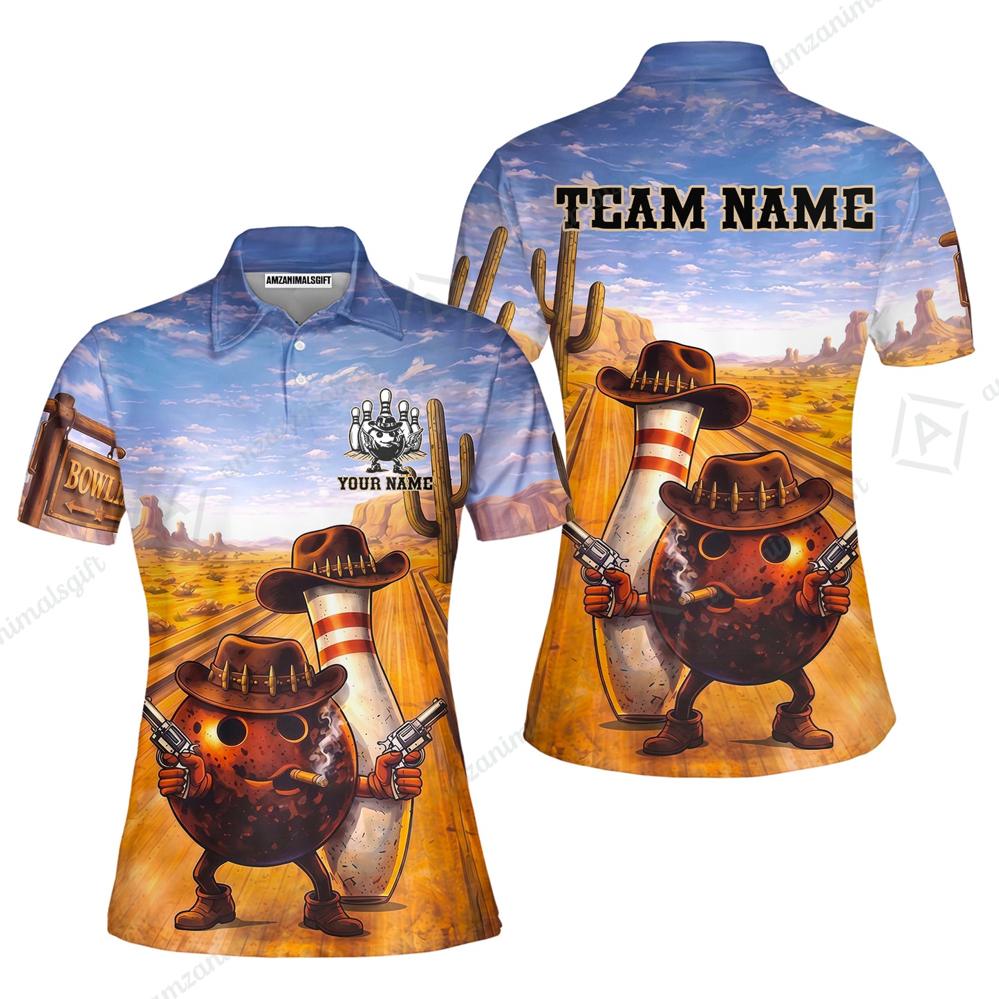 Custom Bowling Jersey Polo Shirt, Wild West Cowboy Gunslinger, Custom Bowling Jersey Team Shirt For Players With Name and Team Name