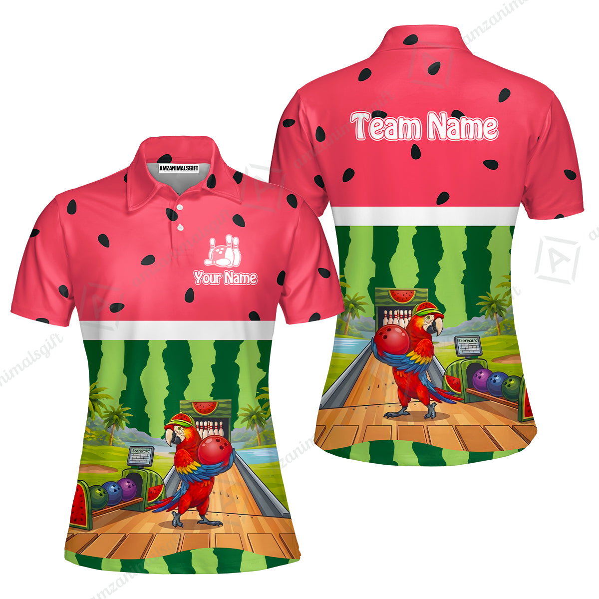Custom Bowling Jersey Polo Shirt, Tropical Watermelon Parrot Macaw, Custom Bowling Jersey Team Shirt For Players With Name and Team Name
