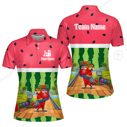 Custom Bowling Jersey Polo Shirt, Tropical Watermelon Parrot Macaw, Custom Bowling Jersey Team Shirt For Players With Name and Team Name