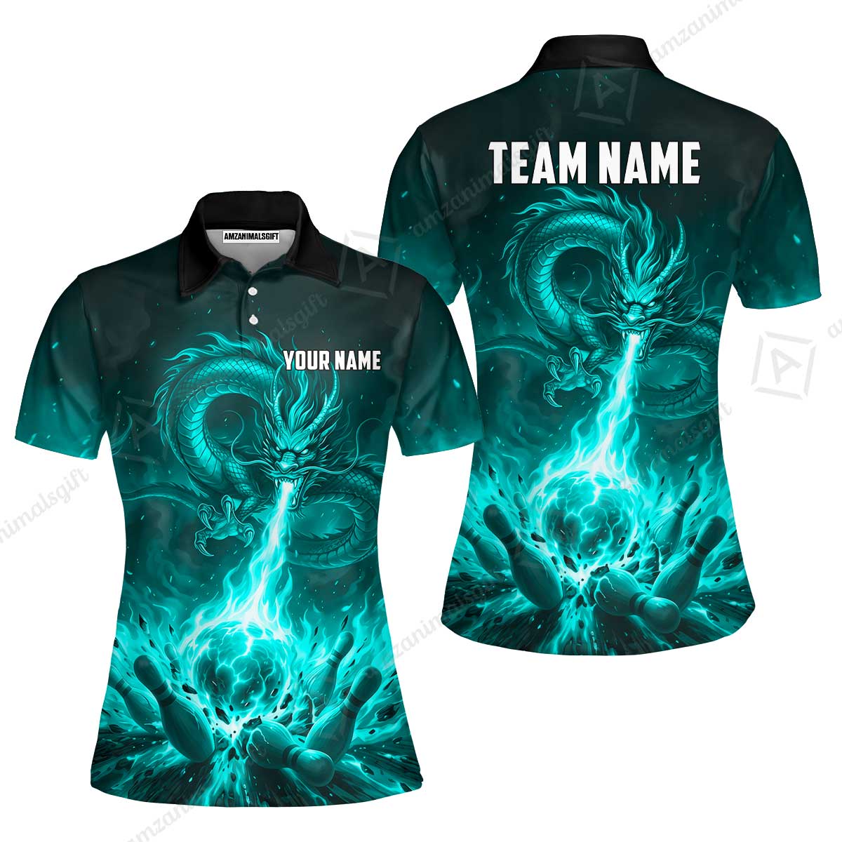 Custom Bowling Jersey Polo Shirt, Asian Dragon's Fire Strike, Custom Bowling Jersey Team Shirt For Players With Name & Team Name