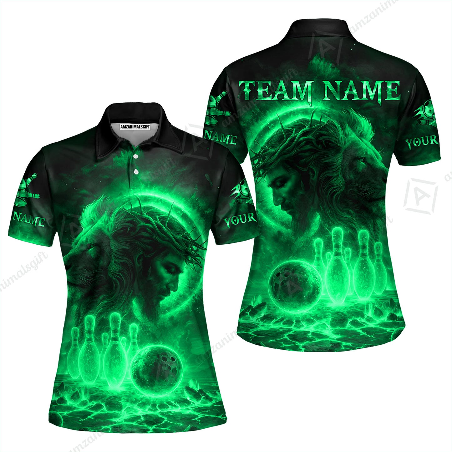 Custom Bowling Team Short Sleeve Men Polo Shirt, Flame The Lion OF Judah With Bowling, Custom Name and Team Name for Bowlers