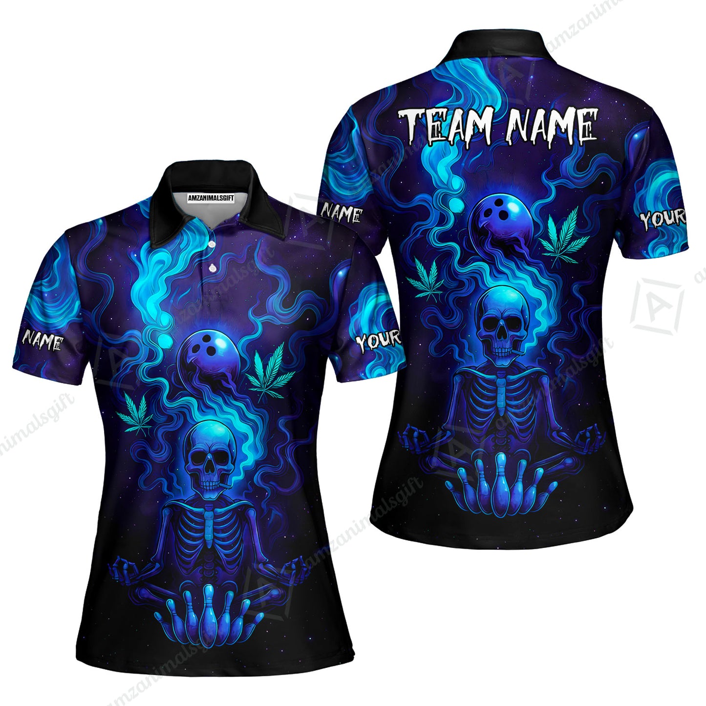 Custom Bowling Team Unisex Polo Shirt, Neon Skull CNB Bowling Custom Shirt Featuring Personalized Name and Team Name