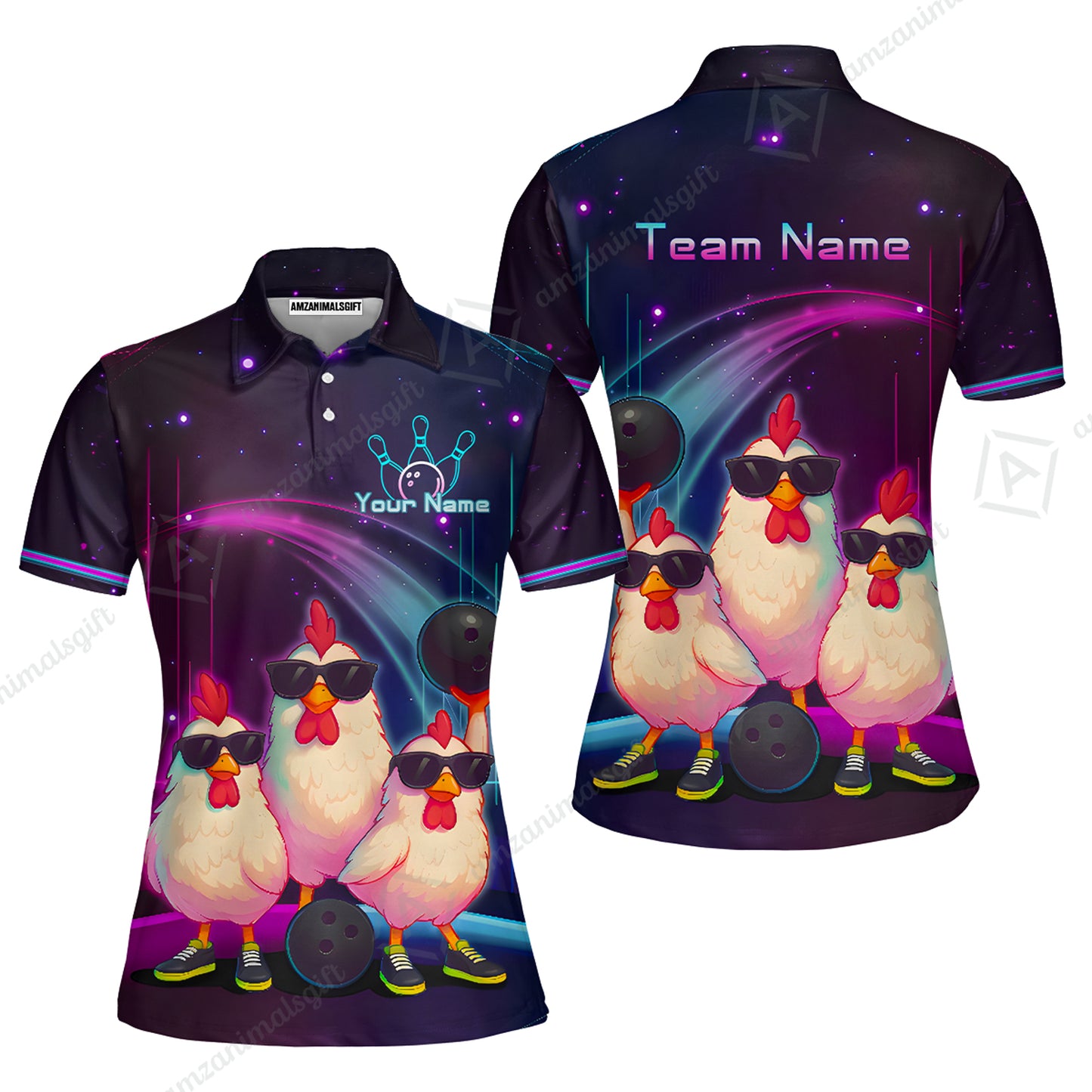 Custom Bowling Jersey Polo Shirt, Sunglasses Chicken Bowling, Custom Bowling Jersey Team Shirt For Players With Name & Team Name