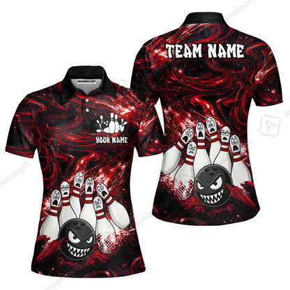 Customized Bowling Unisex Polo Shirt, Bowling Angry Ball VS Screaming Pins, Personalized Name And Team Name
