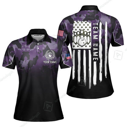 Custom Bowling Jersey Polo Shirt, Tactical Camo Patriotic Flag, Custom Bowling Jersey Team Shirt For Players With Name and Team Name