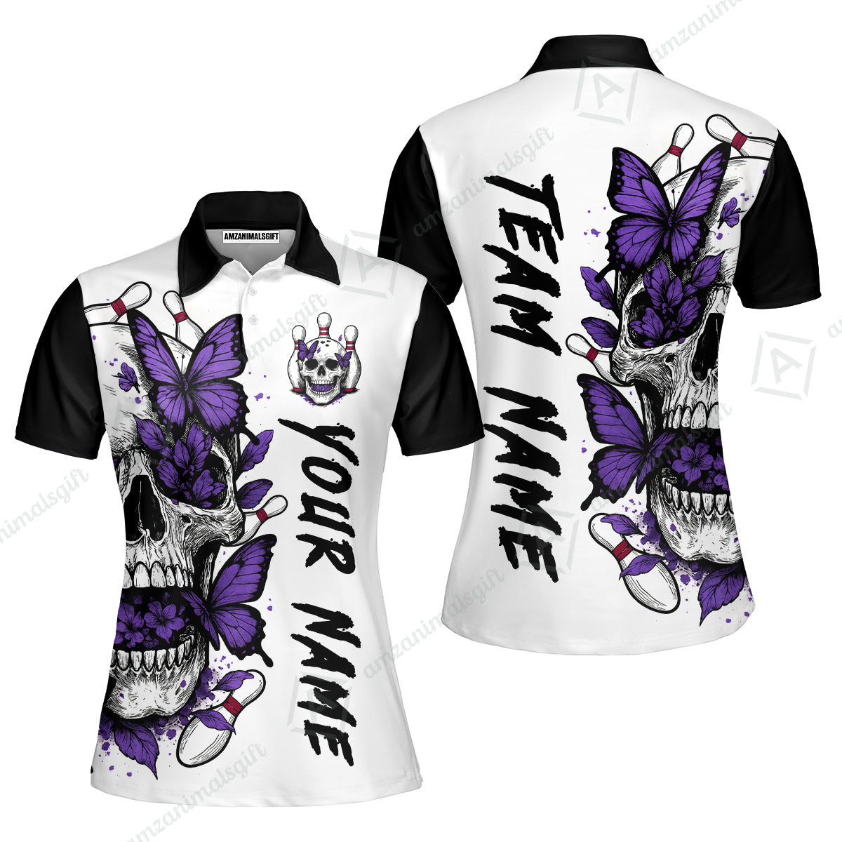 Custom Bowling Jersey Polo Shirt, Skull With Butterfly, Custom Bowling Jersey Team Shirt For Players With Name and Team Name