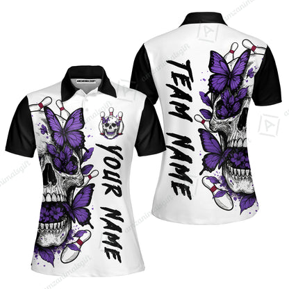 Custom Bowling Jersey Polo Shirt, Skull With Butterfly, Custom Bowling Jersey Team Shirt For Players With Name and Team Name