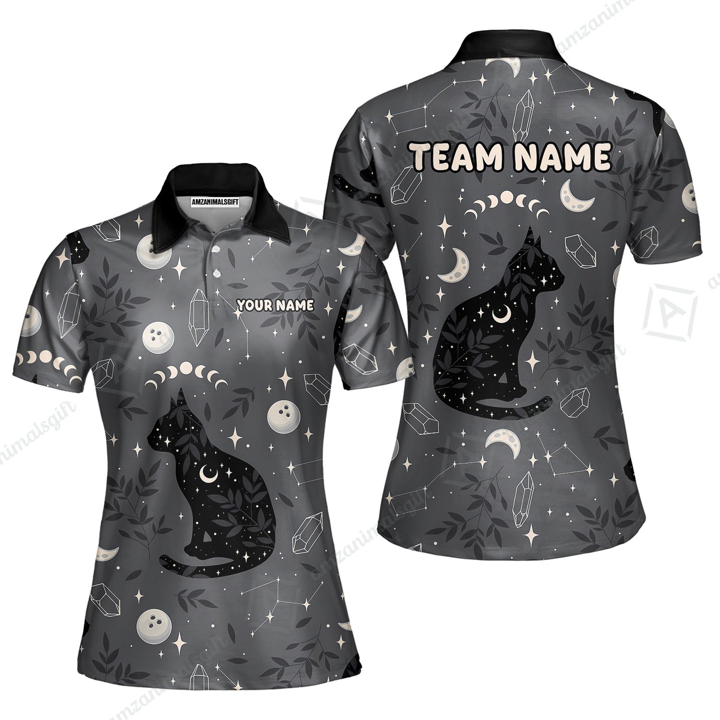 Custom Bowling Jersey Polo Shirt, Black Cat Moon Bowling Grass, Personalized Name And Team Name