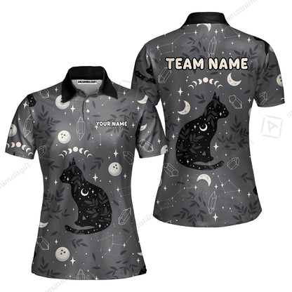 Custom Bowling Jersey Polo Shirt, Black Cat Moon Bowling Grass, Personalized Name And Team Name