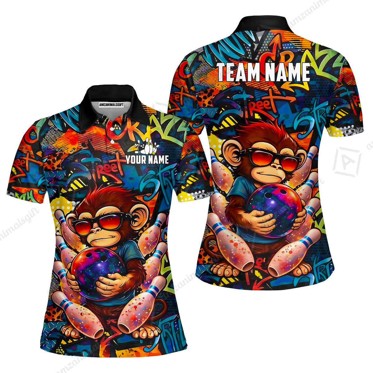 Custom Bowling Jersey Polo Shirt, Street Graffiti Funny Monkey Mascot, Custom Bowling Jersey Team Shirt For Players With Name & Team Name