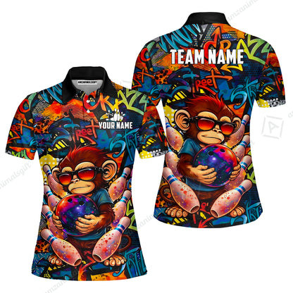 Custom Bowling Jersey Polo Shirt, Street Graffiti Funny Monkey Mascot, Custom Bowling Jersey Team Shirt For Players With Name & Team Name