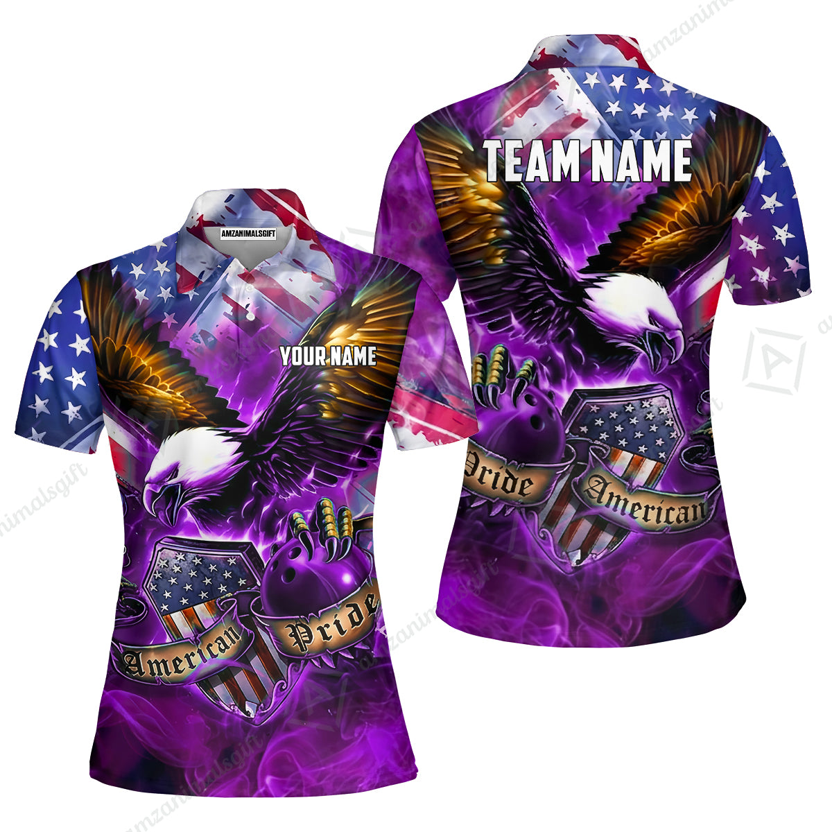 Custom Bowling Jersey Polo Shirt, American Pride Eagle, Personalized Name & Team Name