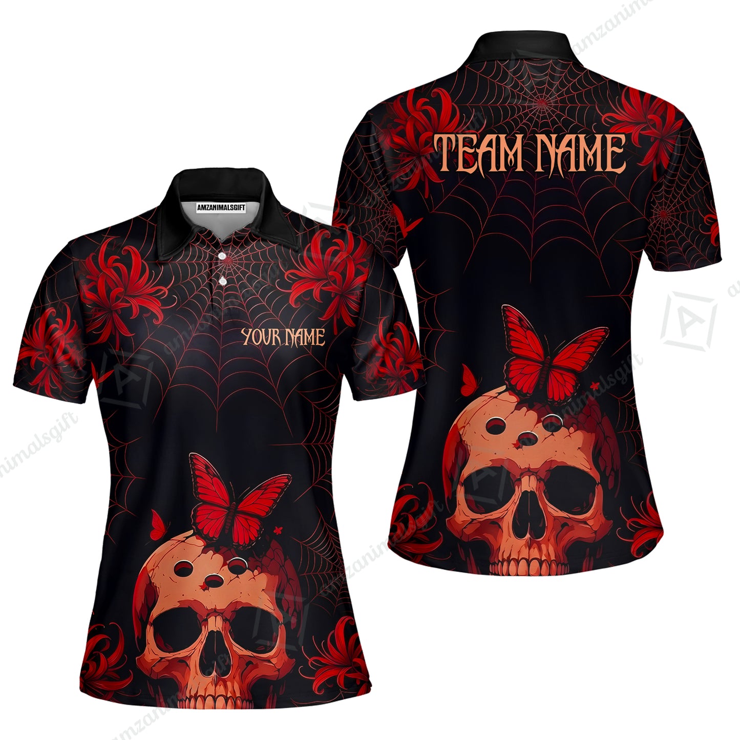 Customized Bowling Shirt, Bowling Skull Butterfly Spider Grid, Personalized Polo Shirt For Players With Name & Team Name