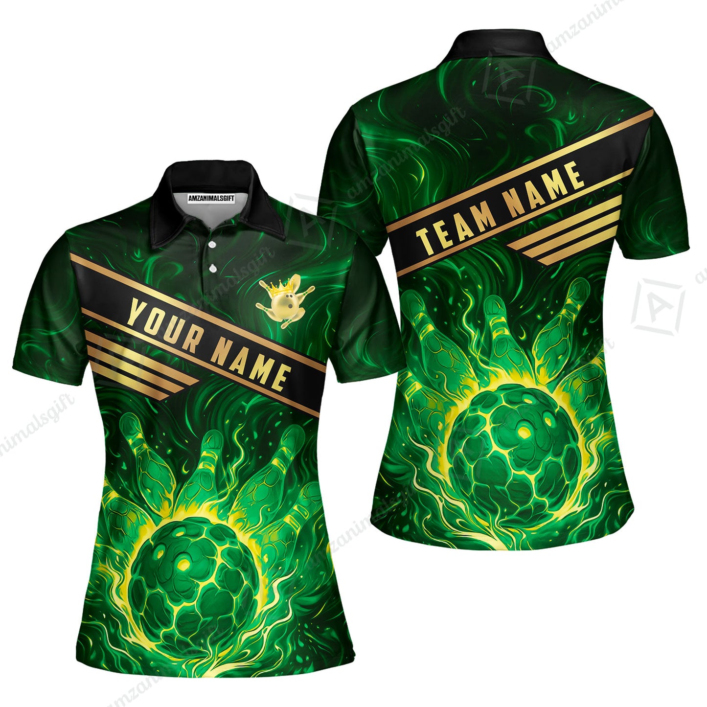 Custom Bowling Polo Shirt, Glowing Bowling Ball and Pins Custom Bowling Polo Team Shirt For Players With Name & Team Name
