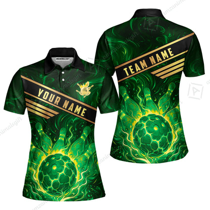 Custom Bowling Polo Shirt, Glowing Bowling Ball and Pins Custom Bowling Polo Team Shirt For Players With Name & Team Name