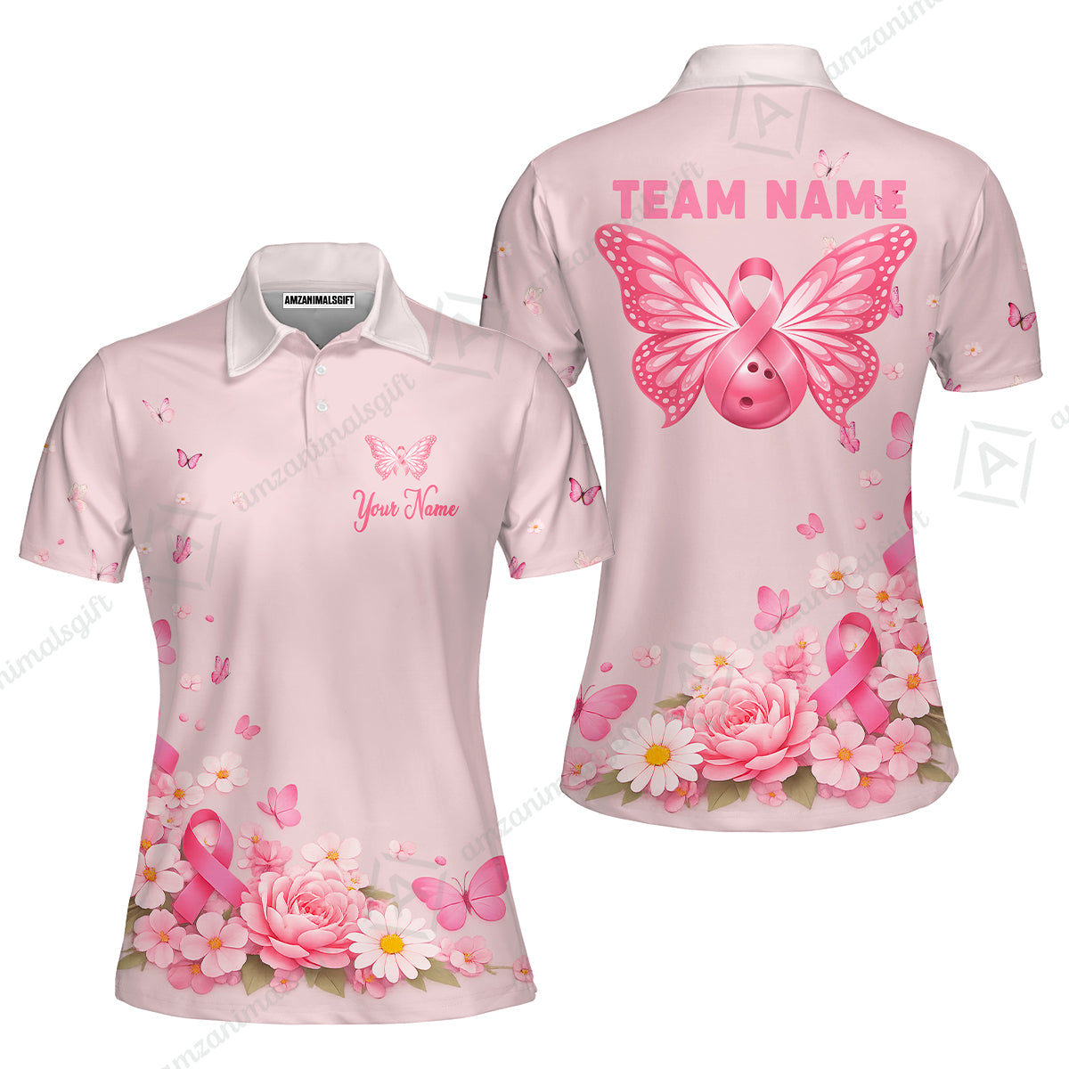 Custom Bowling Jersey Polo Shirt, Pink Butterfly Bowling, Custom Bowling Jersey Team Shirt For Players With Name & Team Name