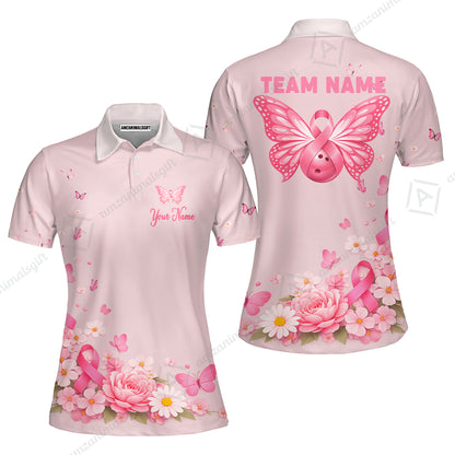 Custom Bowling Jersey Polo Shirt, Pink Butterfly Bowling, Custom Bowling Jersey Team Shirt For Players With Name & Team Name