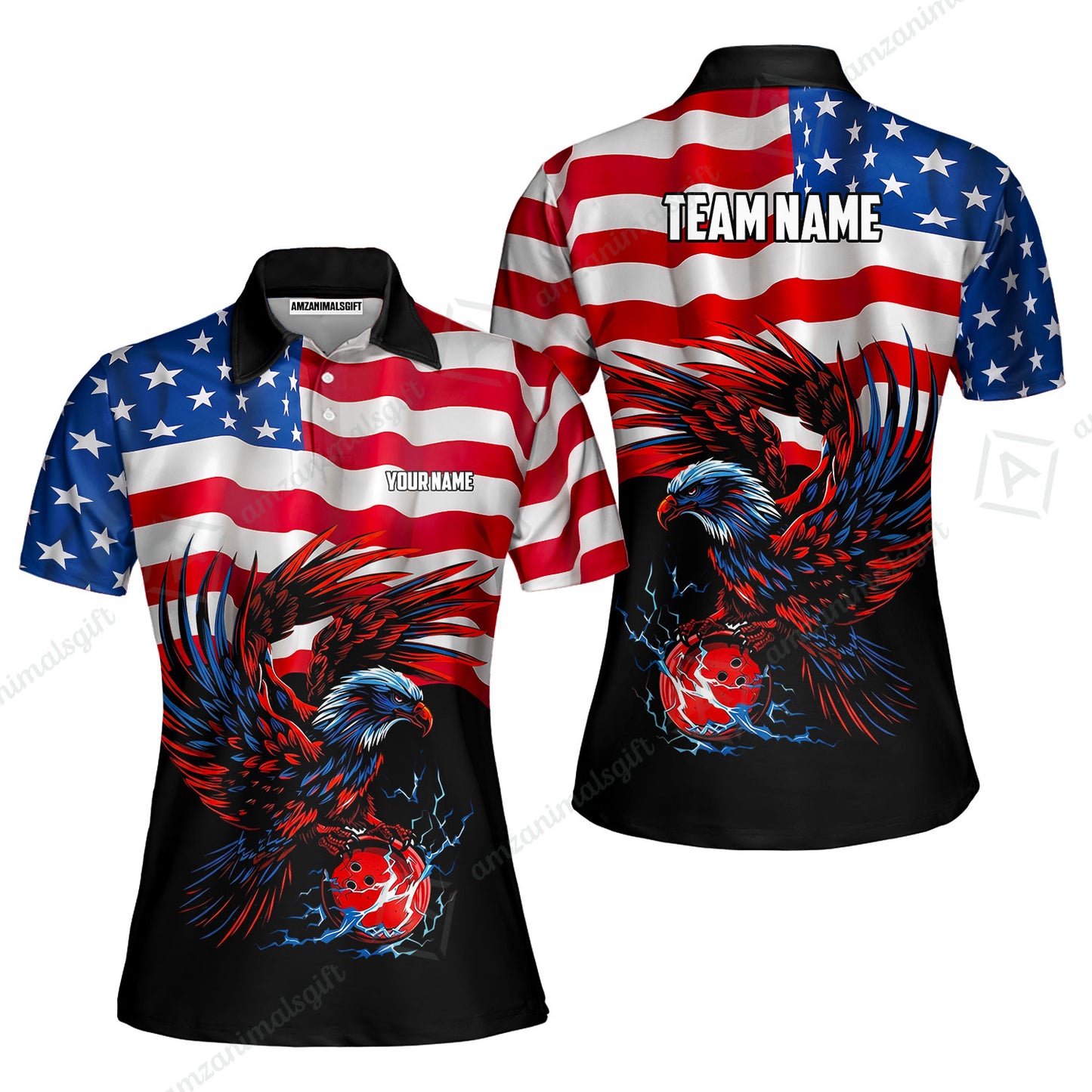 Custom Bowling Jersey Polo Shirt, Eagle America Flag Bowling Thunder, Custom Bowling Jersey Team Shirt For Players With Name and Team Name