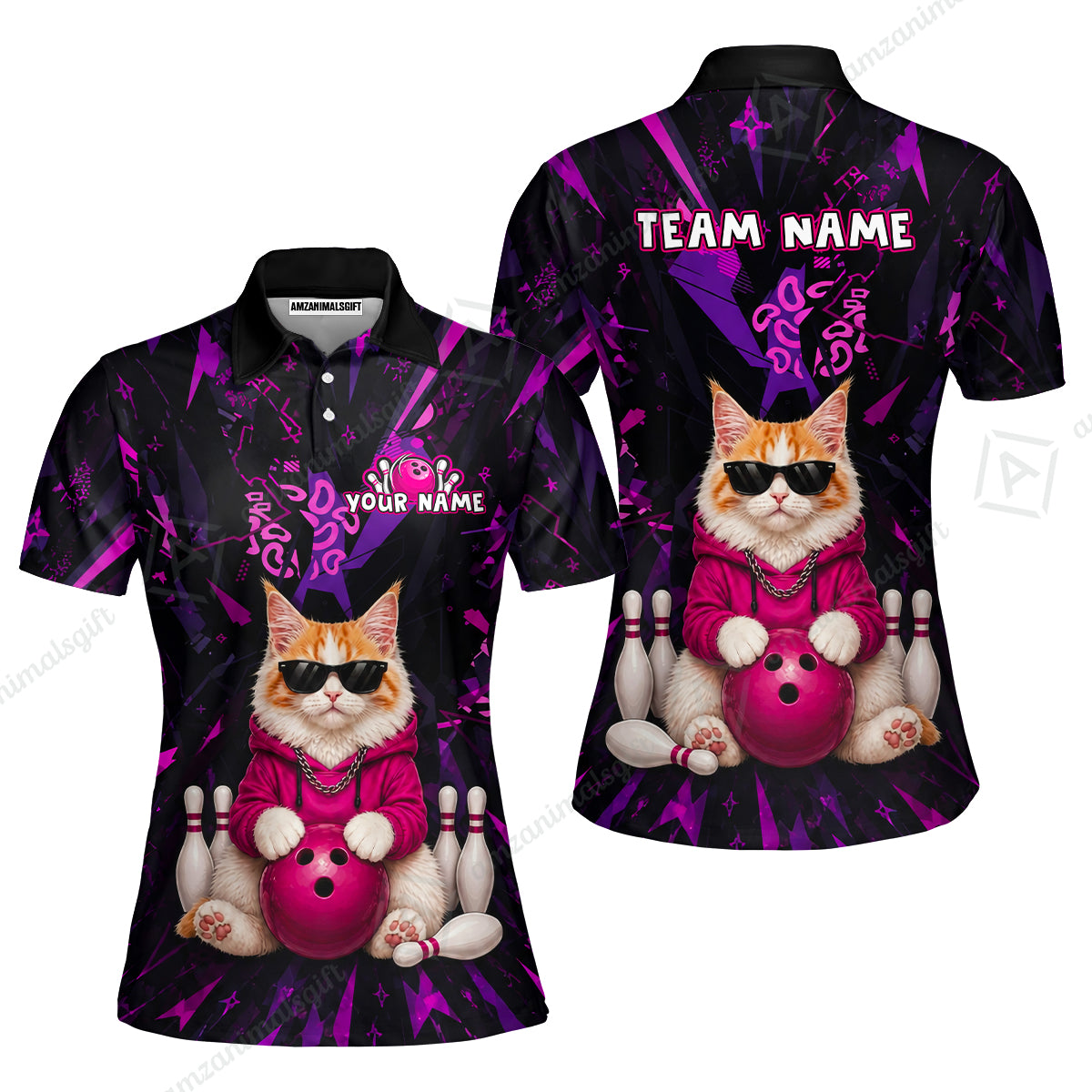 Custom Bowling Jersey Polo Shirt, Neon Hip Cat, Custom Bowling Jersey Team Shirt For Players With Name and Team Name