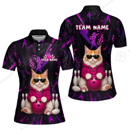 Custom Bowling Jersey Polo Shirt, Neon Hip Cat, Custom Bowling Jersey Team Shirt For Players With Name and Team Name