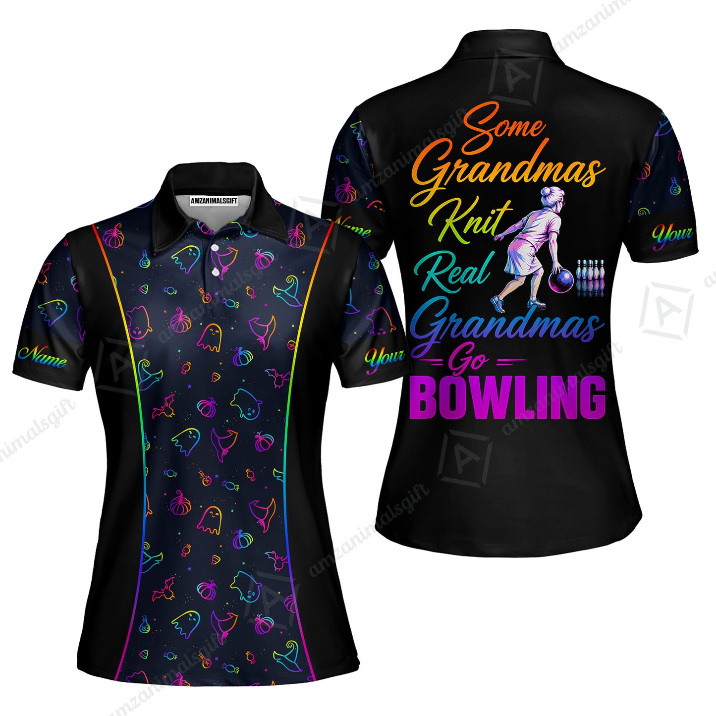 Custom Bowling Jersey Polo Shirt, Some Grandmas Bowl Real Grandmas Play Bowling Halloween Rainbow Pattern, Personalized Name And Team Name