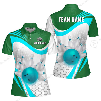 Custom Bowling Jersey Polo Shirt, Geometric Streamline & Fresh Mint, Custom Bowling Jersey Team Shirt For Players With Name & Team Name