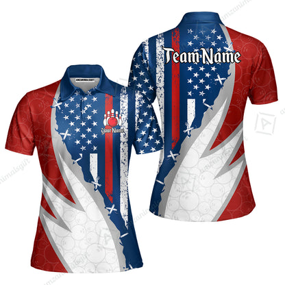 Custom Bowling Jersey Polo Shirt, Thin Red Line With Vintage Distressed American Flag, Personalize Name and Team Name