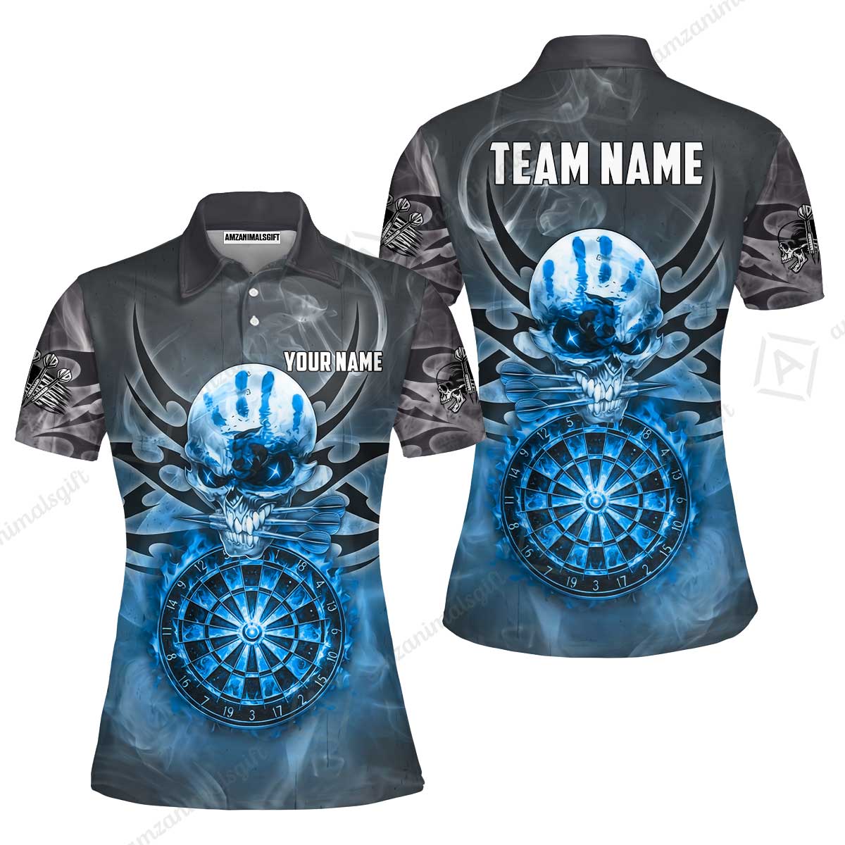 Custom Darts Jersey Polo Shirt, Glowing Fire Skull Tribal, Custom Dart Jersey Team Shirt For Players With Name & Team Name