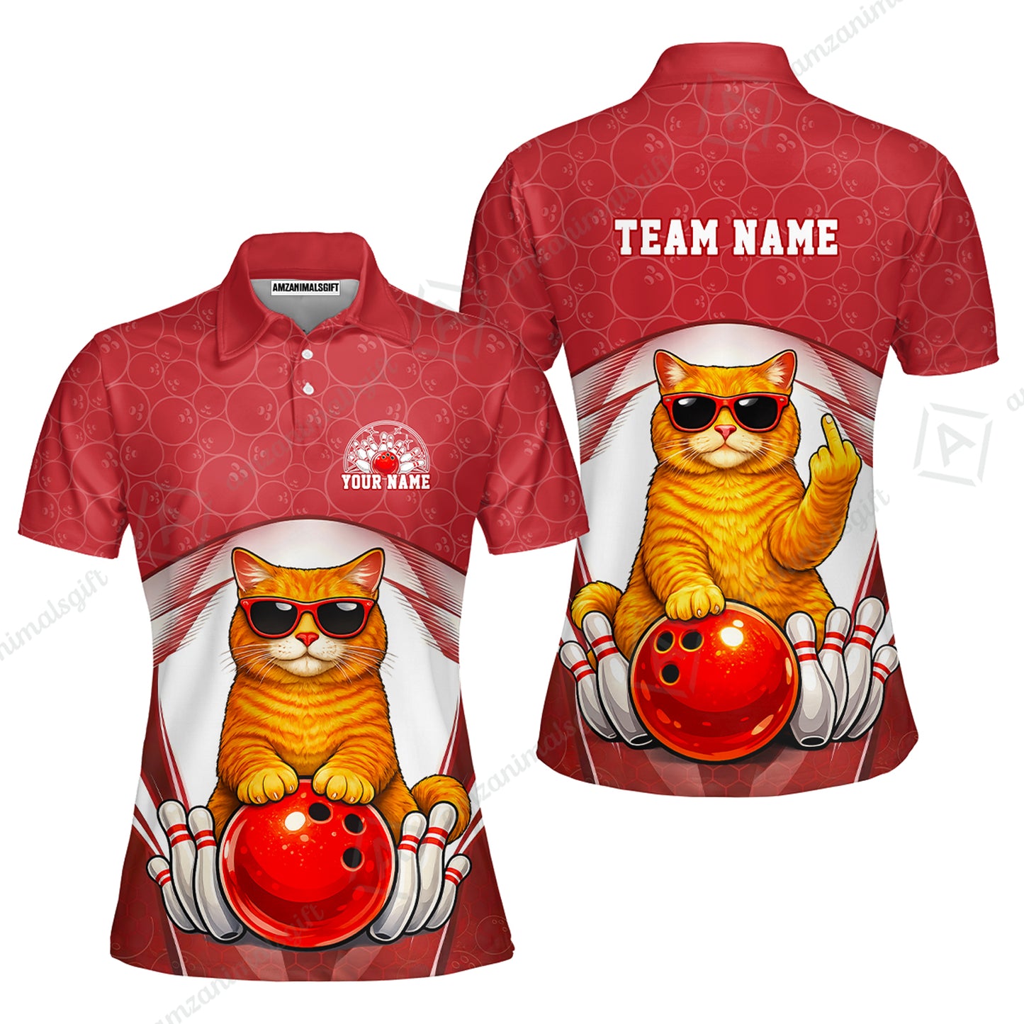 Custom Bowling Polo Shirt, Funny Cat with Sunglasses Bowling Custom Bowling Polo Team Shirt For Players With Name & Team Name
