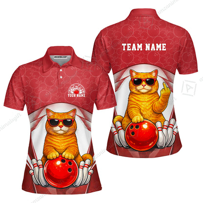 Custom Bowling Polo Shirt, Funny Cat with Sunglasses Bowling Custom Bowling Polo Team Shirt For Players With Name & Team Name