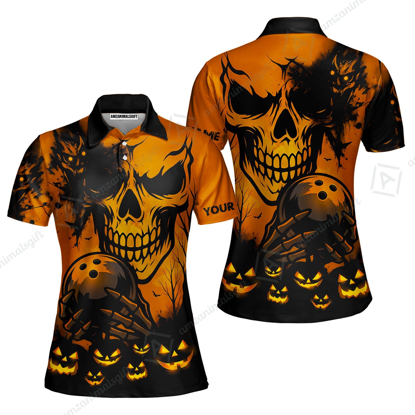 Custom Bowling Jersey Polo Shirt, Pumpkins Skull Halloween, Custom Bowling Jersey Team Shirt For Players With Name & Team Name
