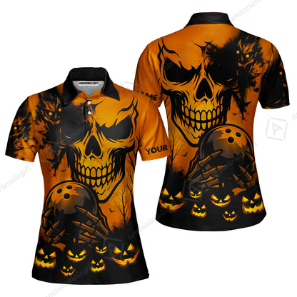 Custom Bowling Jersey Polo Shirt, Pumpkins Skull Halloween, Custom Bowling Jersey Team Shirt For Players With Name & Team Name