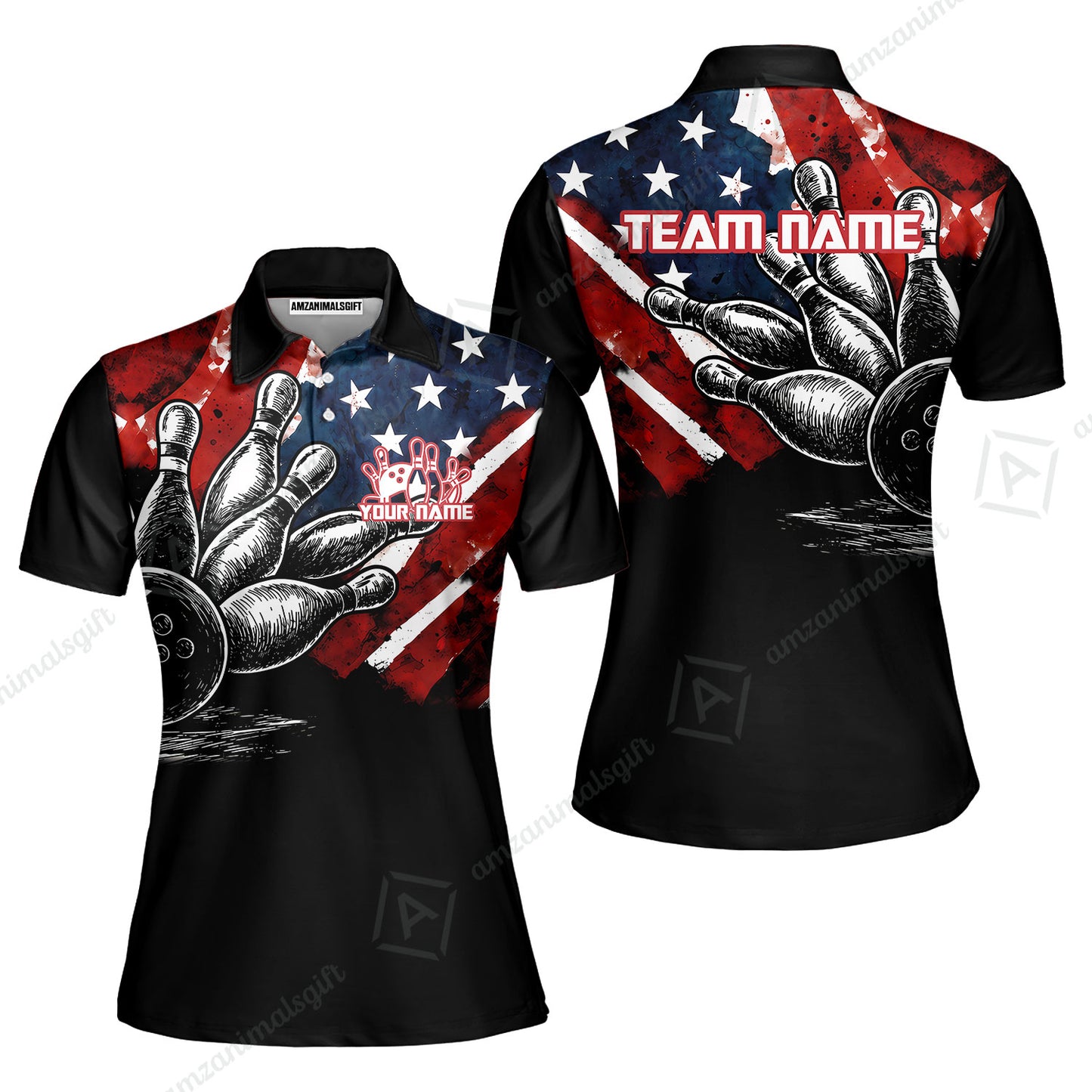 Custom Bowling Jersey Polo Shirt, American Flag and Bowling Pins Sketch, Custom Bowling Jersey Team Shirt For Players With Name and Team Name