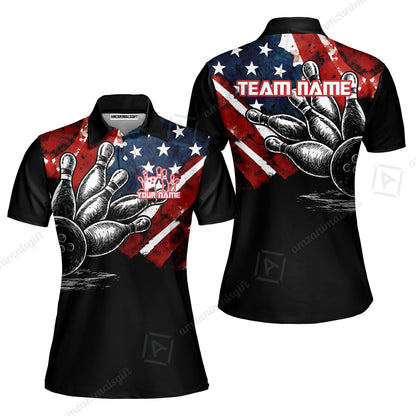 Custom Bowling Jersey Polo Shirt, American Flag and Bowling Pins Sketch, Custom Bowling Jersey Team Shirt For Players With Name and Team Name