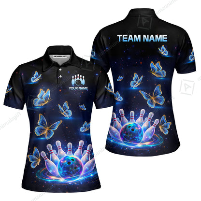 Custom Bowling Jersey Polo Shirt, Bowling Butterfly Galaxy Neon Light, Personalized Name And Team Name