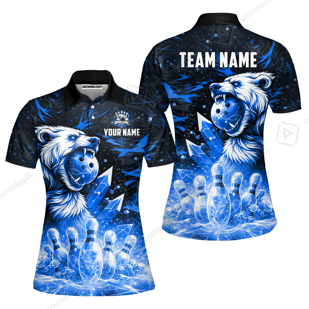 Custom Bowling Jersey Polo Shirt, Arctic Bear & Crystal Galaxy, Custom Bowling Jersey Team Shirt For Players With Name & Team Name