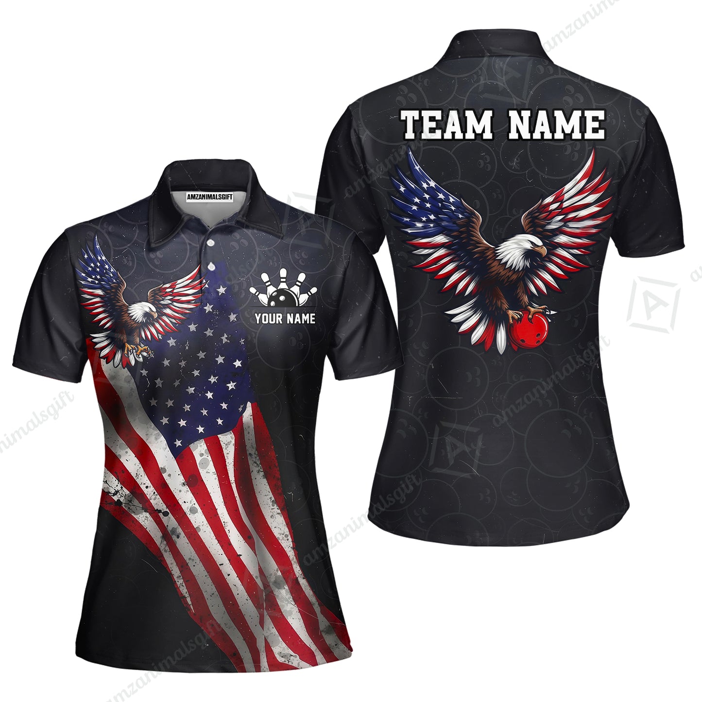 Custom Bowling Jersey Polo Shirt, USA Flag Draped Bald Eagle Strike, Custom Bowling Jersey Team Shirt For Players With Name & Team Name