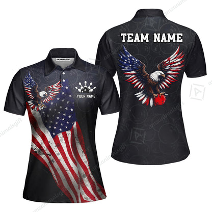 Custom Bowling Jersey Polo Shirt, USA Flag Draped Bald Eagle Strike, Custom Bowling Jersey Team Shirt For Players With Name & Team Name