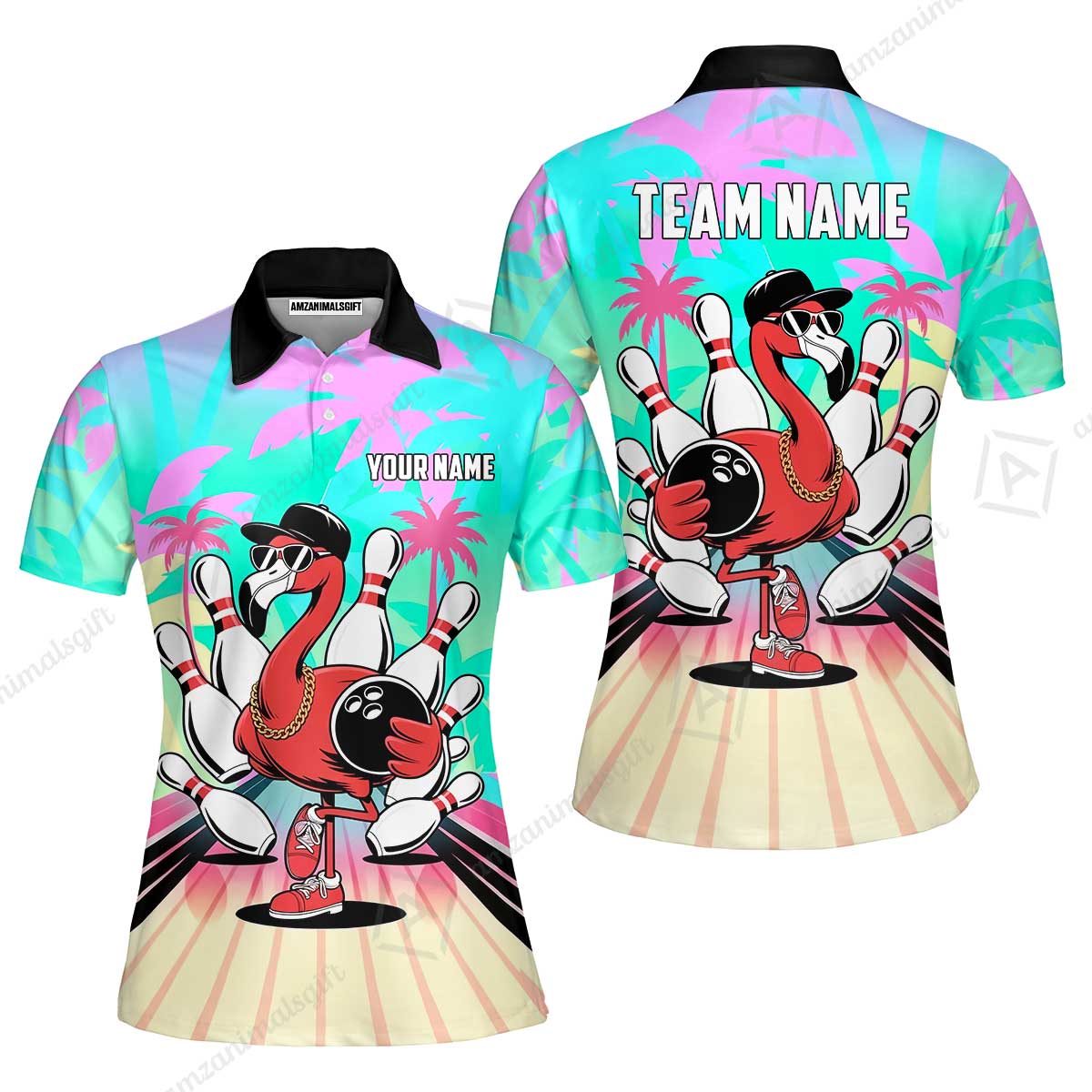 Custom Bowling Jersey Polo Shirt, Sunset Lanes Flamingo, Custom Bowling Jersey Team Shirt For Players With Name and Team Name