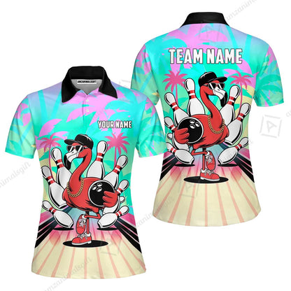 Custom Bowling Jersey Polo Shirt, Sunset Lanes Flamingo, Custom Bowling Jersey Team Shirt For Players With Name and Team Name