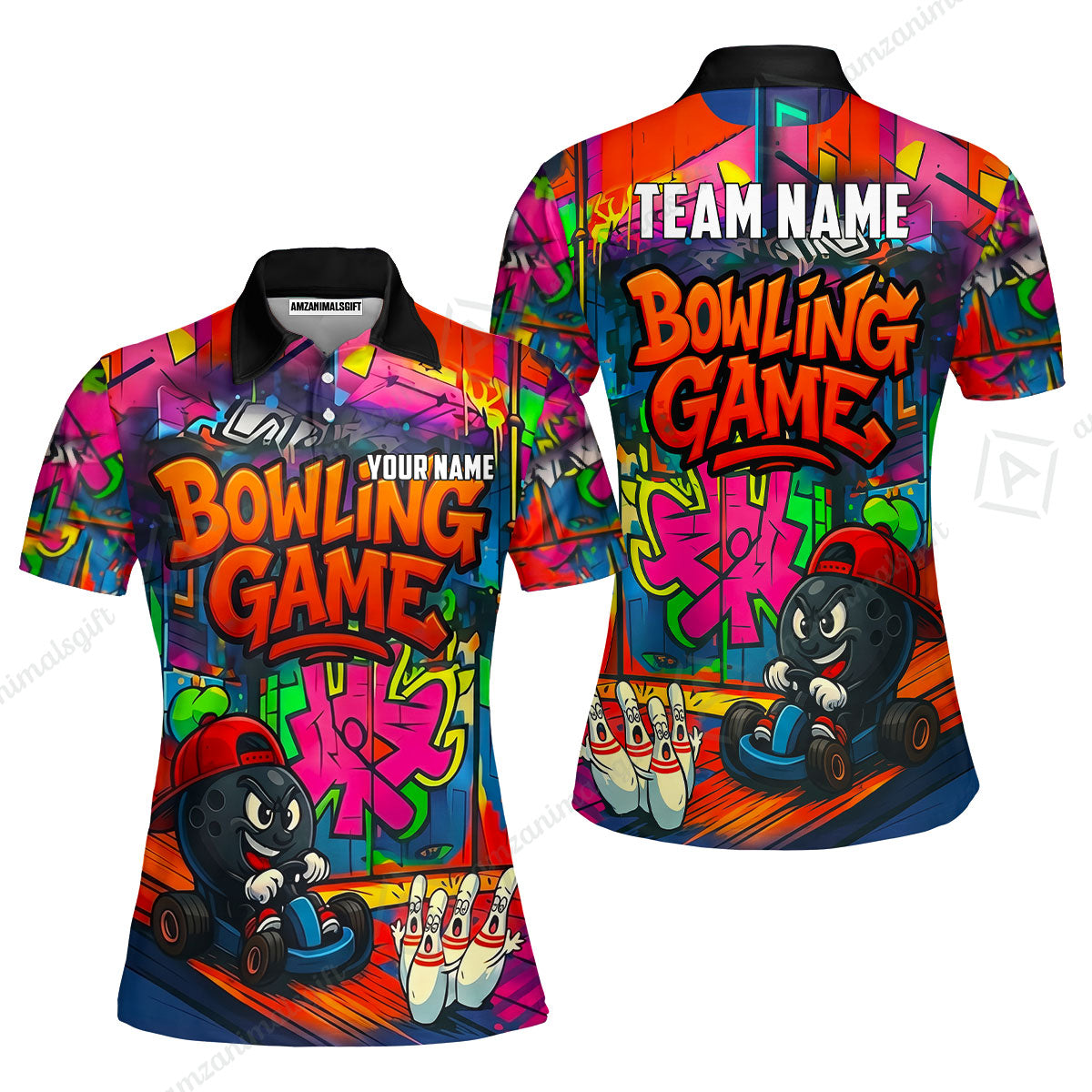 Custom Bowling Jersey Polo Shirt, Street Graffiti Go Kart Ball, Custom Bowling Jersey Team Shirt For Players With Name and Team Name