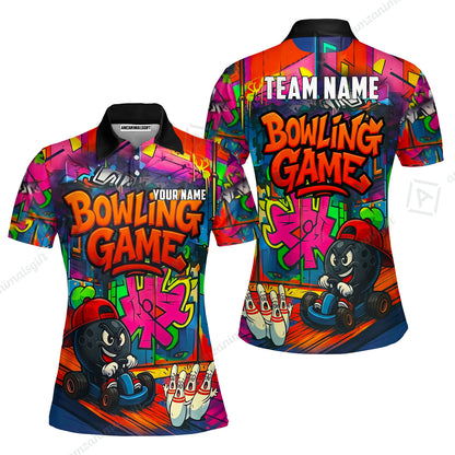 Custom Bowling Jersey Polo Shirt, Street Graffiti Go Kart Ball, Custom Bowling Jersey Team Shirt For Players With Name and Team Name
