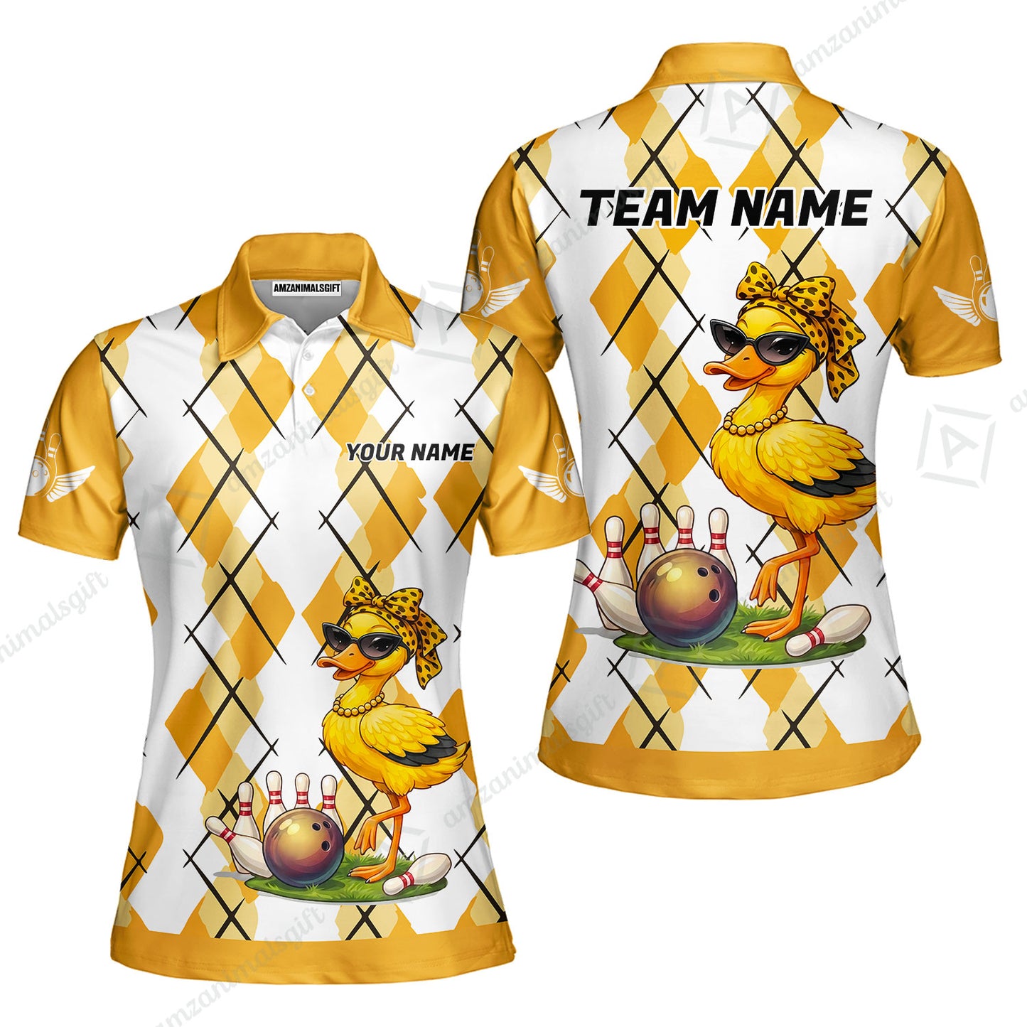 Custom Bowling Jersey Polo Shirt, Sassy Diva Duckling Argyle, Custom Bowling Jersey Team Shirt For Players With Name and Team Name