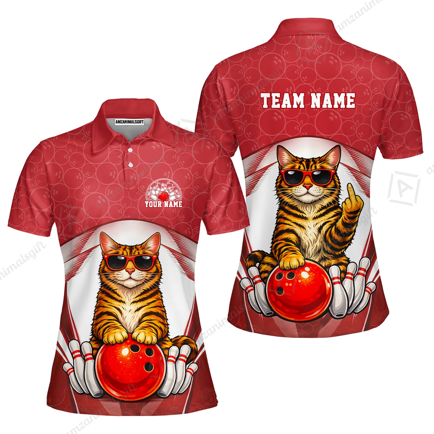 Custom Bowling Polo Shirt, Funny Cat with Sunglasses Bowling Custom Bowling Polo Team Shirt For Players With Name & Team Name