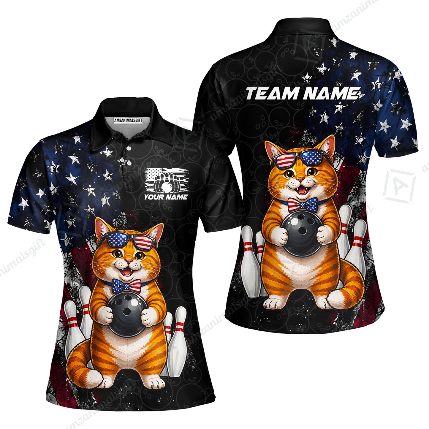Custom Bowling Jersey Polo Shirt, Cat With Glasses And Bow Tie Bowling Pattern America Flag, Personalize Name and Team Name