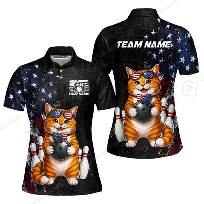 Custom Bowling Jersey Polo Shirt, Cat With Glasses And Bow Tie Bowling Pattern America Flag, Personalize Name and Team Name